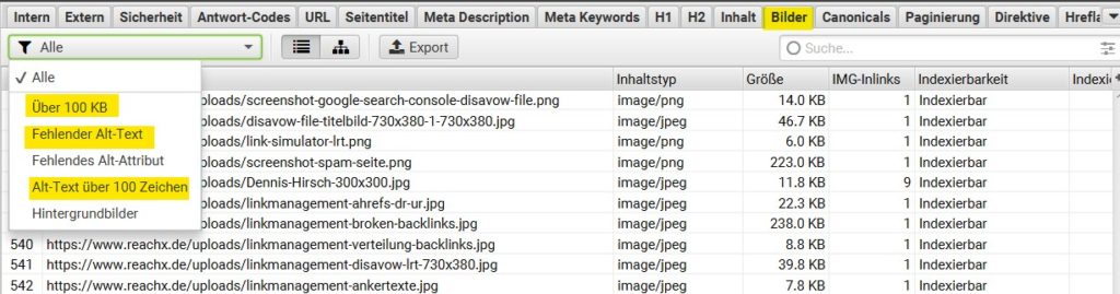 Screaming Frog - Bilder analysieren