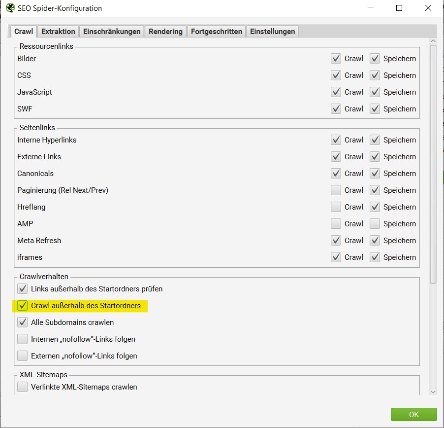 Screaming Frog - Crawl außerhalb des Standordners