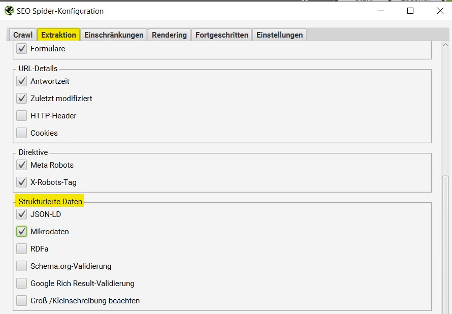 Screaming Frog - strukturierte Daten