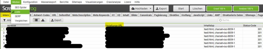 Screaming Frog- Umgeleitete URLs