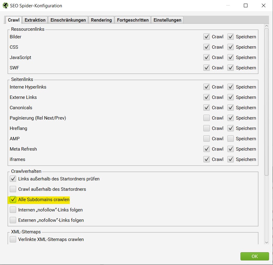 Screaming Frog - Alle Subdomains crawlen