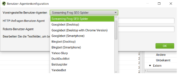 Screaming Frog - Benutzer Agent