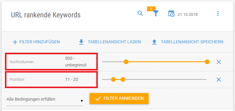 Filtereinstellungen um weitere Keywords für die Content-Veredelung zu Analysieren.