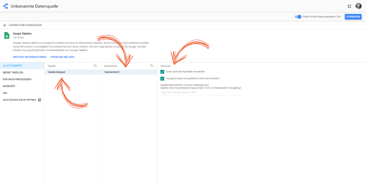 Einstellung der Connector Verbindung in Google-Data-Studio.