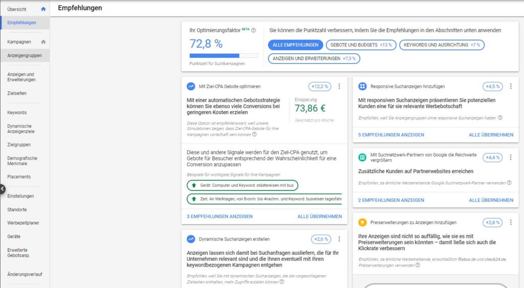 Tab Empfehlungen in Google Ads