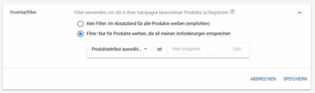 Inventarfilter in Google Shopping