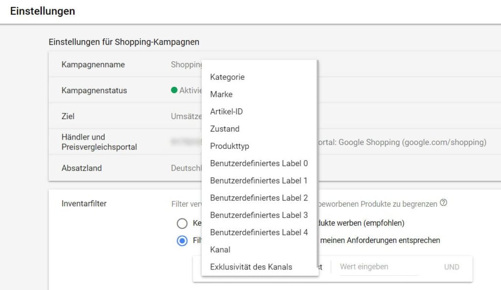 Benutzerdefinierte Label in den Google Shopping Einstellungen