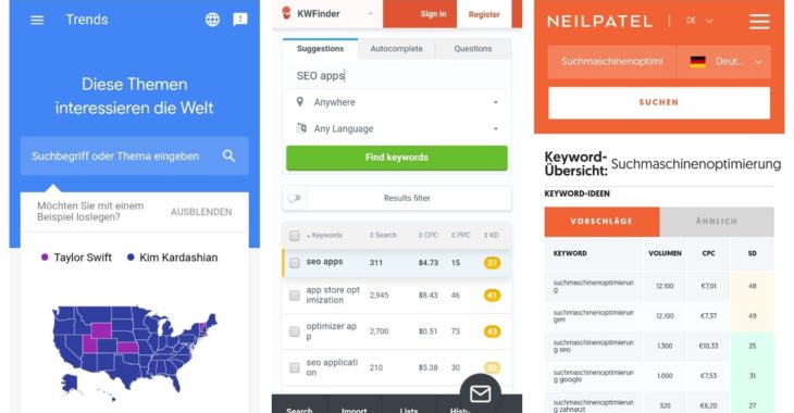 screenshot app keywordplanner google trends kwfinder uber suggest