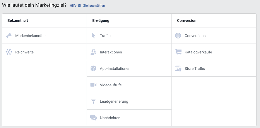 Marketingziel - Kampagnen in Facebook einstellen