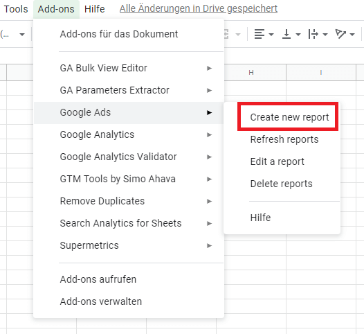 Erstellen eines neuen Reports über das Add-On Google-Ads für die SEO-Automatisierung von SEO vs. SEA