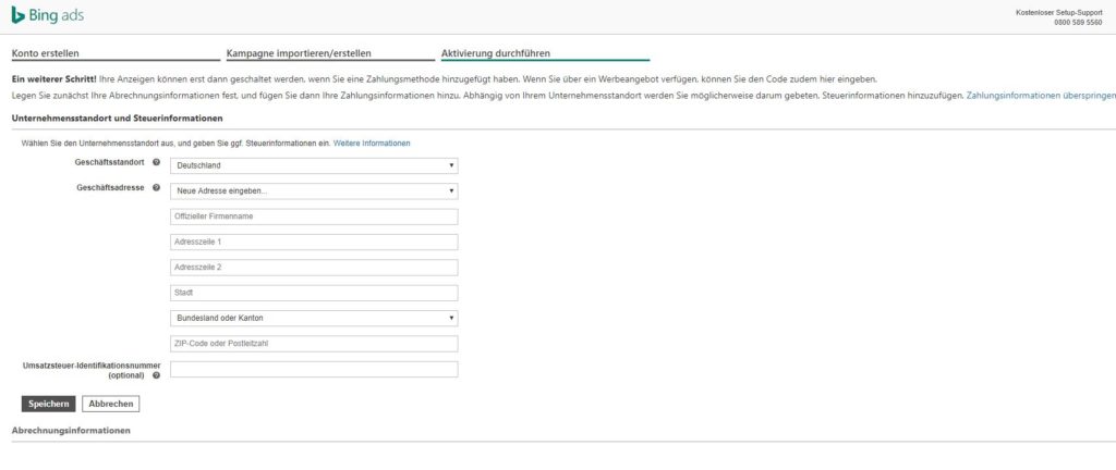 Unternehmensstandort in Bing Ads hinterlegen