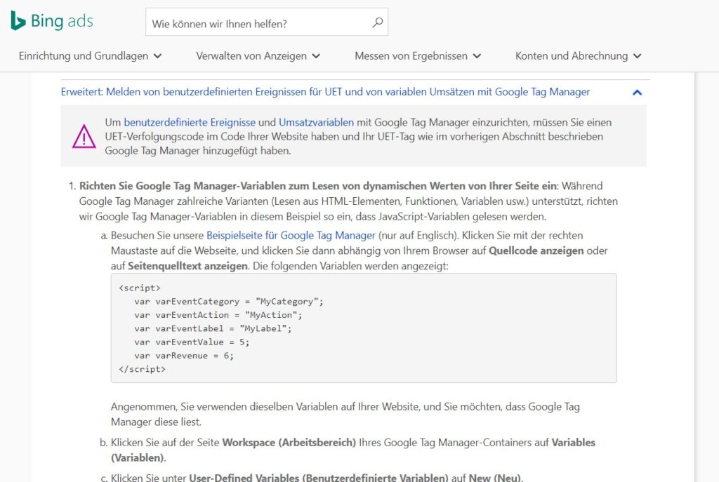 Screenshot Code für dynamische Werte im Google Tag Manager