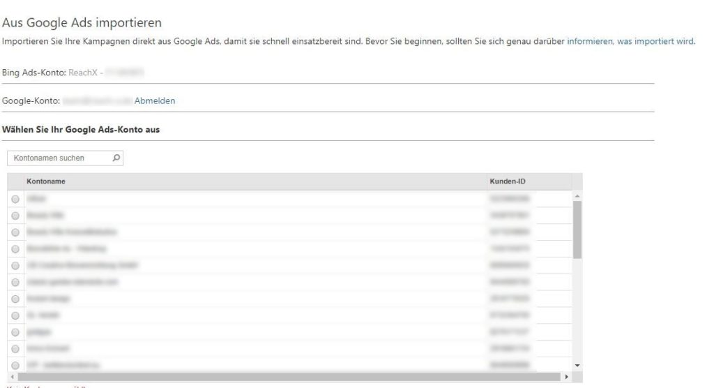 Ansicht Import Google Ads für Bing