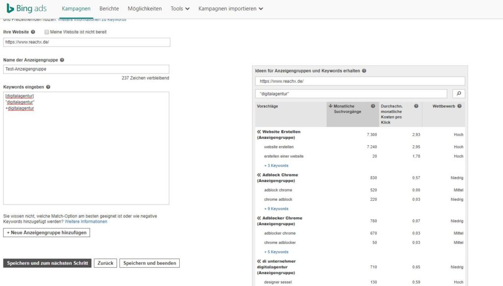 Bing-Interface zur Eingabe von Anzeigengruppen und Keywords