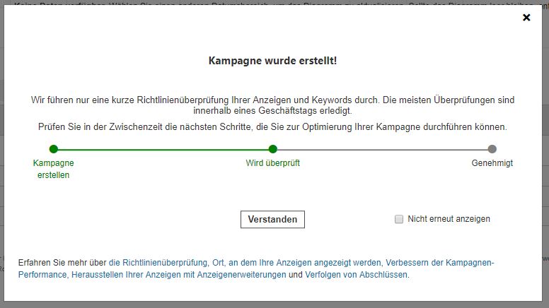 Bing Ads Richtlinienüberprüfung nach Fertigstellung Kampagne
