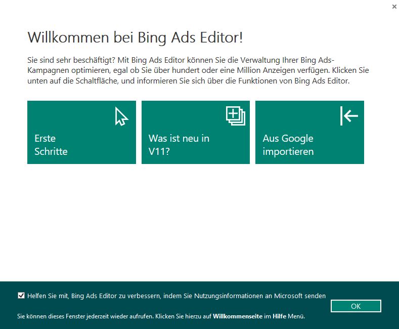 Startansicht Bing Ads Editor 