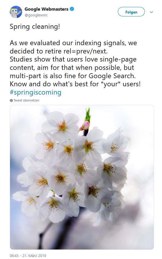 Offizielle Mitteilung von Google zum aus von rel=prev und rel=next auf https://twitter.com/googlewmc